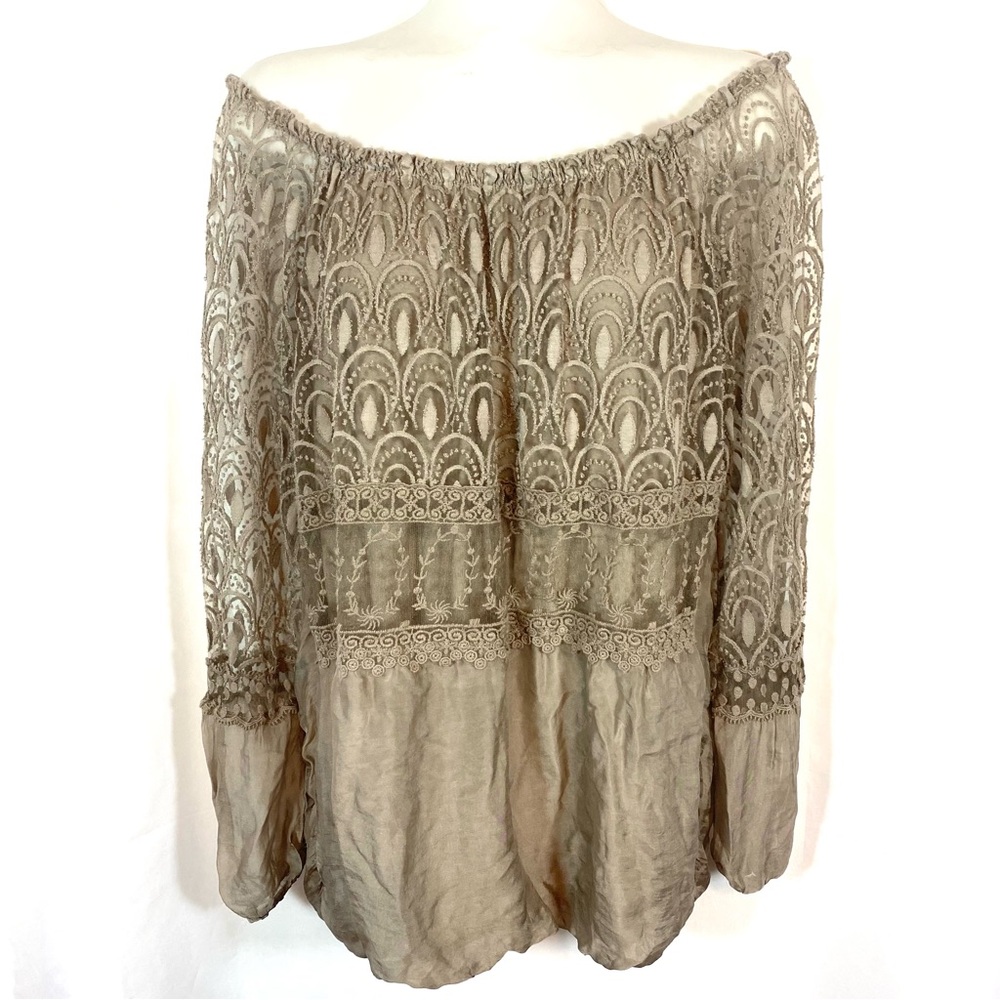 LOLA Italy Silk Blend Taupe Lace Pullover Blouse